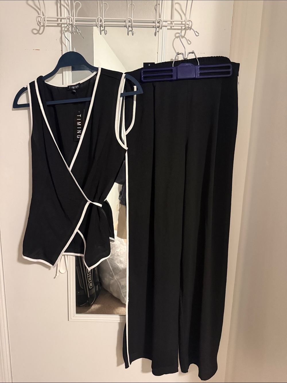 Timing Black Wrap Top & Black Wide-Leg Pants with White Trim